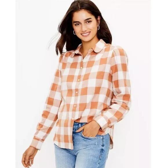 Loft Orange Buffalo Plaid Button Up Down Top Size Small Flannel Fall Pumpkin - Picture 1 of 9